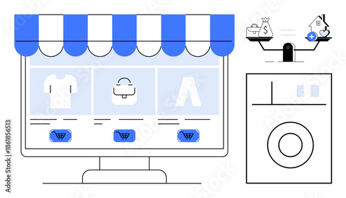 Online shopping. Shop interface displays digital storefront with product categories and cart options. Online shopping visualizes budgeting, e-commerce, and financial management. For retail, finance