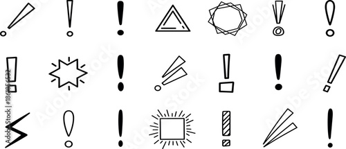 A collection of simple black icons on a white background, including exclamation marks, shapes, and symbols, viewed from directly above.