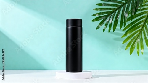 Black thermos bottle on white stand