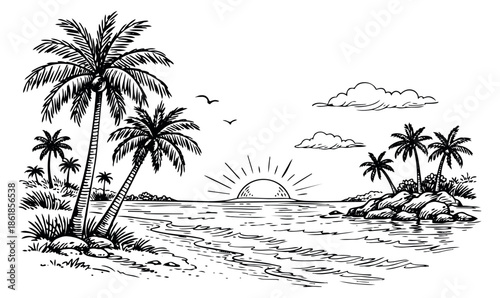 Hand drawn line art illustration of a tropical beach scene depicting palm trees, ocean, and a sunset for summer travel and exotic vacations
