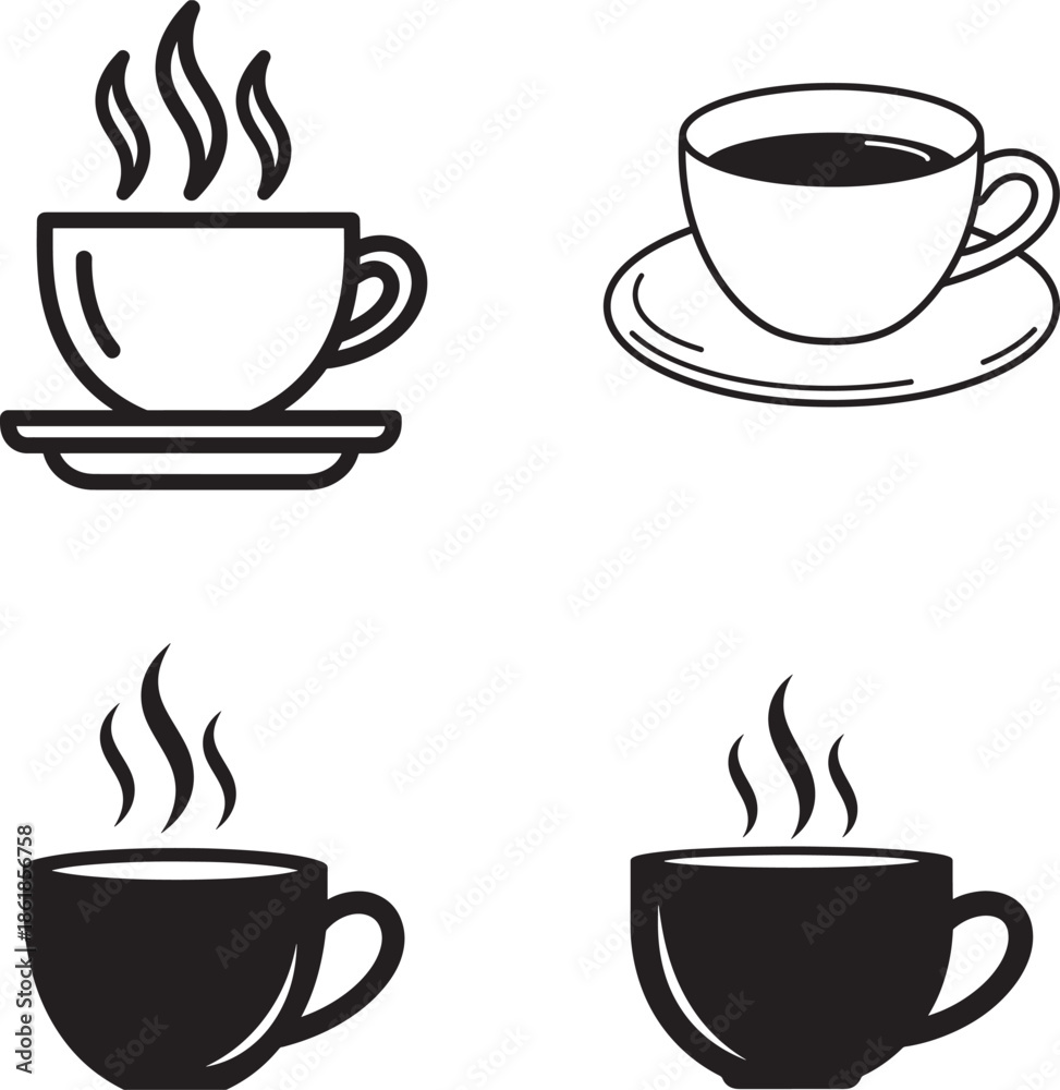 Obraz premium Four simple coffee cup illustrations with steam in silhouette and line art style