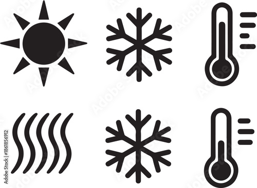 Set of weather icons, black and white vector illustration of sun, cloud, rain, snow, and storm symbols, isolated collection for meteorology and climate concepts