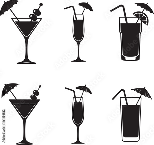 Six black silhouettes of cocktails with umbrellas and straws on a white background