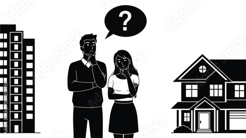 A young couple stands confused between a house and an apartment building