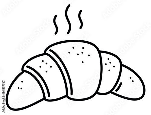 Hand drawn line art illustration of a croissant depicting a steaming hot pastry for breakfast menus