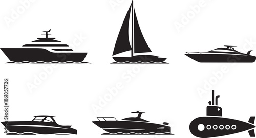 Set of sea transportation silhouettes, black and white vector illustration of ships, boats, yachts, and other marine vehicles, isolated collection for travel and maritime concepts