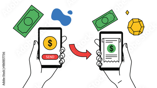 A hand holding a smartphone sending money to another hand holding a smartphone receiving money