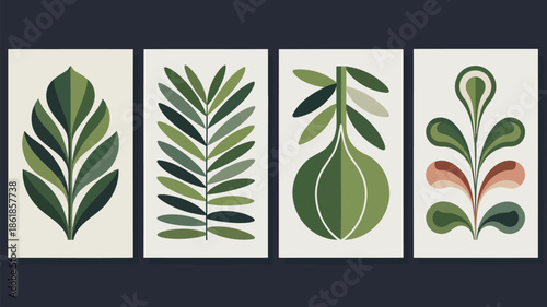 Modern botanical art with four green leaf illustrations on beige