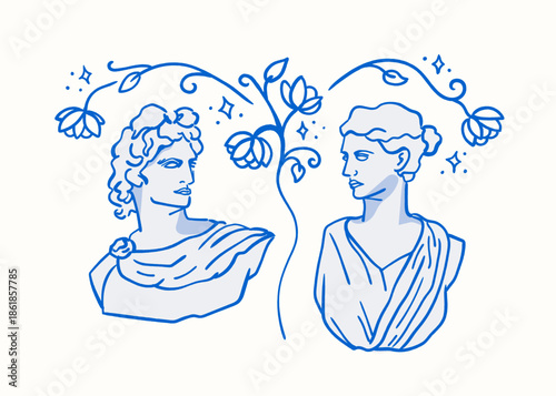 Classical decorative line illustration with ancient style figures and ornamental floral elements
