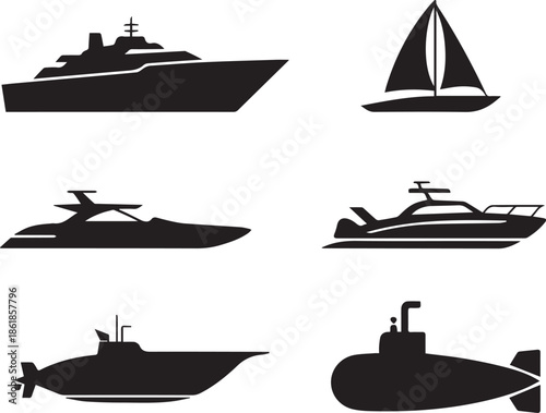 Set of sea transportation silhouettes, black and white vector illustration of ships, boats, yachts, and other marine vehicles, isolated collection for travel and maritime concepts