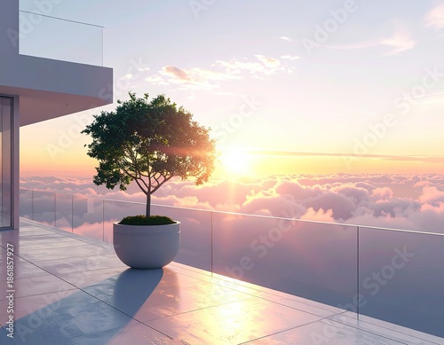 Modern balcony with potted tree overlooking a sea of clouds at dawn