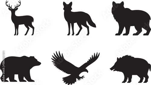 Set of animal silhouettes, black and white vector illustration of various wild and domestic animals, isolated collection for wildlife, nature, and farm concepts