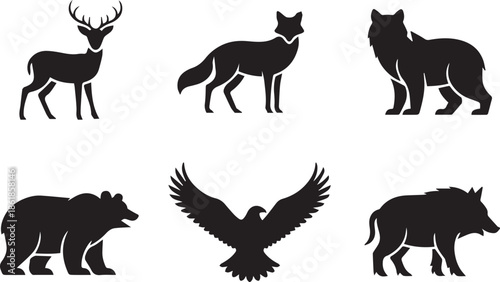 Set of animal silhouettes, black and white vector illustration of various wild and domestic animals, isolated collection for wildlife, nature, and farm concepts