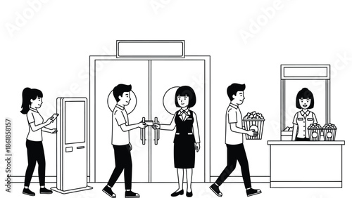 People buying cinema tickets and popcorn at a modern movie theater counter