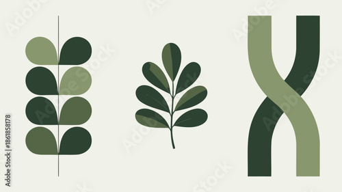 Modern minimalist leaf illustrations in green hues for design projects