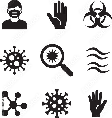 Collection of black icons related to health and disease