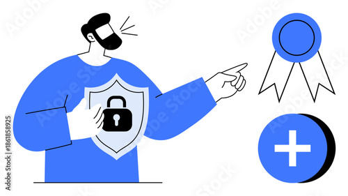 Cybersecurity concept. Cybersecurity safeguarding personal information with shield graphic, ribbon denoting certification, and plus symbol suggesting enhancement. For data security, certifications