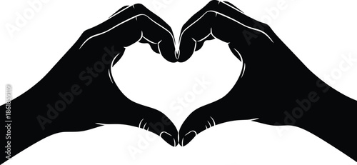Silhouette of two hands coming together to form a classic heart shape symbolizing love affection and romantic connection