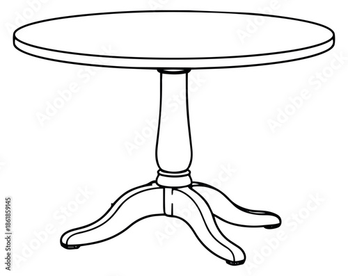 Hand drawn line art illustration of a round pedestal table depicting a furniture item for interior design projects