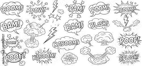 Comic book sound effects illustration on a white background showcasing various action words and cartoon elements