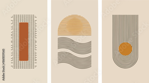 Modern abstract art with geometric shapes and lines on beige background