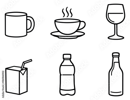 Line art beverage containers set featuring a coffee mug, steaming cup, wine glass, juice box, water bottle, and beer bottle for drink menus