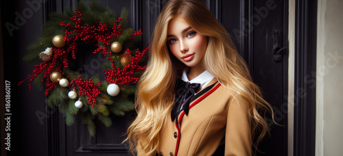 Close up portrait of a girl in uniform on christmas eve