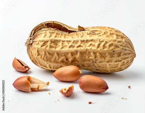 Peanut with open shell, showing nuts on white, close-up