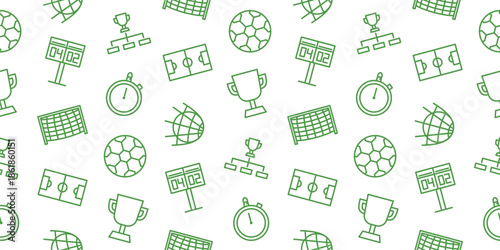 Seamless Pattern Soccer and Football Line Art Icons Featuring Balls Trophies Goals Stopwatches Scoreboards and Field Diagrams for Sports Theme Backgrounds or Fabric Designs