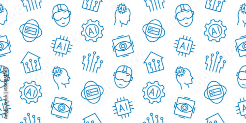 Seamless artificial intelligence pattern featuring blue line icons of VR goggles neural networks computer chips smart home and robot heads on white background for modern technology design