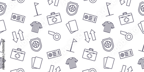 Seamless soccer pattern featuring gray line icons of football equipment including referee whistle jersey shirt penalty cards medical kit corner flag and match ticket on white background