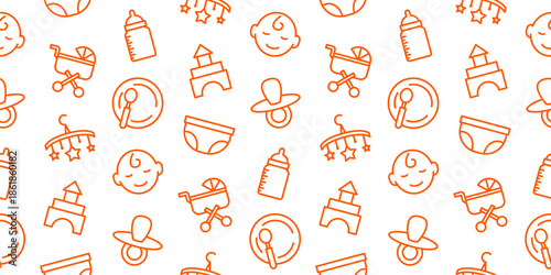 Seamless baby pattern with orange line icons of infant essentials including pacifier feeding bottle diaper stroller castle toy and smiling face on white background for nursery wallpaper