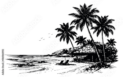 Hand drawn line art illustration of a tropical beach scene depicting palm trees, ocean, and beach resort elements for summer holidays and travel