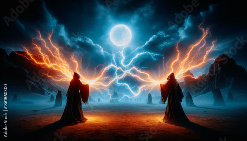 Epic battle of wizards with blue magic energy and giant moon