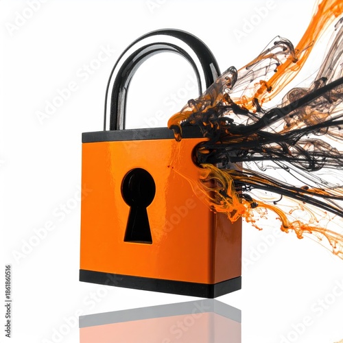 Orange padlock with black/orange ink bursting out, white background