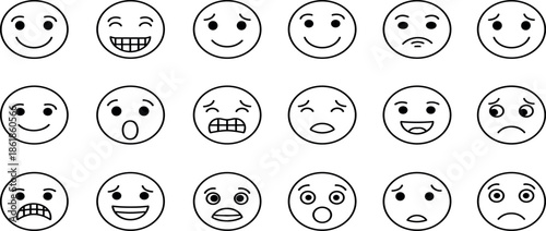 A collection of diverse facial expressions represented through simple black and white emoticon illustrations.