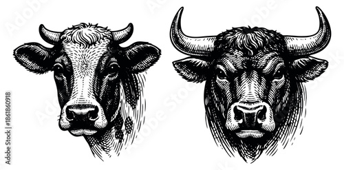 Hand drawn line art cattle heads set featuring a cow and a bull for farm and food concepts