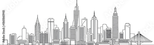 Cityscape illustration featuring modern skyscrapers and urban landscape from a distant viewpoint