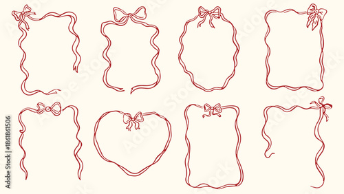 Hand drawn decorative frames collection with ribbon and bow accents. Cute doodle style borders including rectangle, oval and heart shapes, ideal for invitations, Valentine’s Day designs, greeting card
