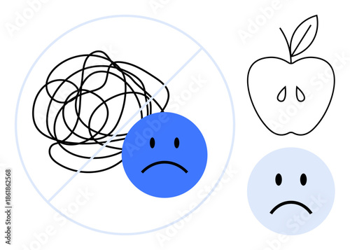 Mental health awareness. Visual elements contrast stress and calm with scribbles, sad faces, and an apple mental health challenges and improvement. For psychology, education, self-care, health