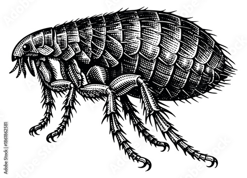 Engraved style illustration of a flea depicting a parasitic insect for pest control information