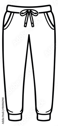 Hand drawn line art illustration of joggers depicting a drawstring waist and pockets for active and casual wear