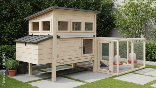 Modern Wooden Chicken Coop with Attached Run, Backyard Pet Habitat