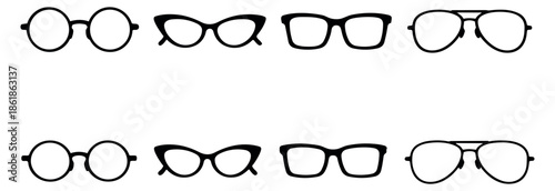 Line art eyeglasses set featuring various frame styles for fashion and optical design