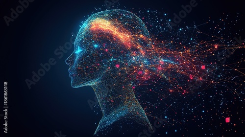 Digital Human Head Silhouette with Connecting Dots and Lines in Neon Colors on Dark Background