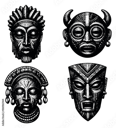 Hand drawn line art African tribal masks set featuring decorative cultural faces for ethnic art and history