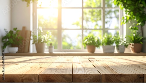 Bright sunlit room with wooden table, surrounded by green plants and large sunny window