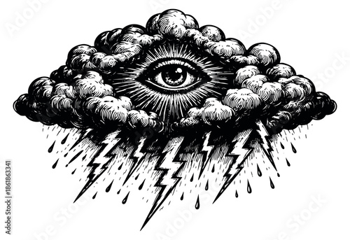 Hand drawn engraving style illustration of an all-seeing eye in a thundercloud depicting lightning and rain for mystical symbolism