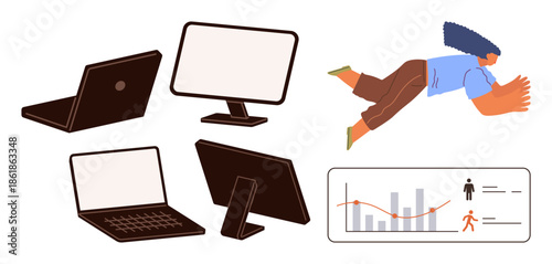 Floating person diving forward, two laptops, monitors, and graph showing analytics. Ideal for remote work, productivity, technology, analytics growth creativity teamwork. Vibrant flat metaphor