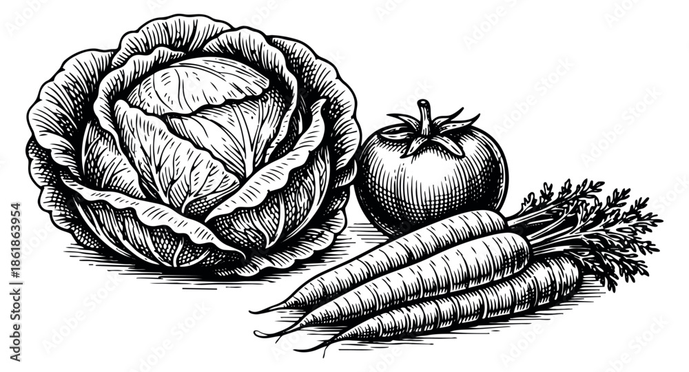Fototapeta premium Hand drawn line art vegetable set featuring cabbage, tomato, and carrots for food concepts